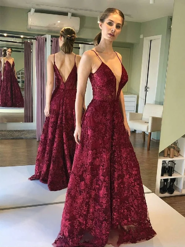Members Only Deep V Neck and V Back Burgundy Lace Long Prom Dresses, Open Back Maroon Lace Formal Dresses, Burgundy Evening Dresses Members Only Deep V Neck and V Back Burgundy Lace Long Prom Dresses, Open Back Maroon Lace Formal Dresses, Burgundy Evening Dresses