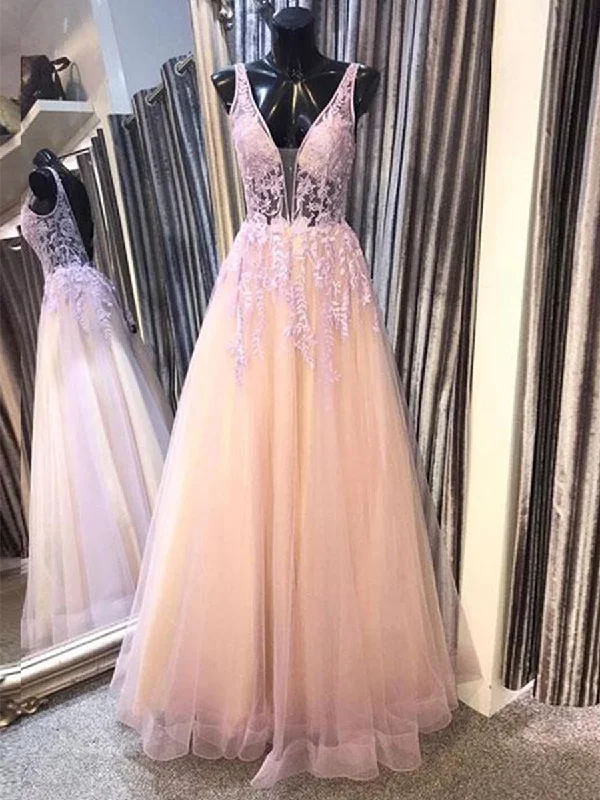 Price Fest Deep V Neck Open Back Pink Lace Long Prom Dresses, Backless Pink Lace Formal Dresses, Lace Pink Evening Dresses