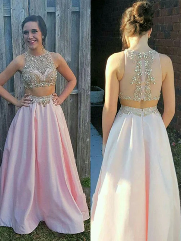 Price Slash Round Neck Two Pieces Pink Prom Dresses With Beading, Pink Evening Dresses With Beading Price Slash Round Neck Two Pieces Pink Prom Dresses With Beading, Pink Evening Dresses With Beading