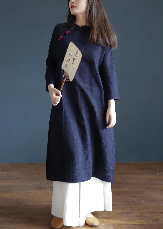 lace-up dresslace-up dressJacquard Navy Blue Stand Collar Embroideried Floral Button Maxi Dresses Spring