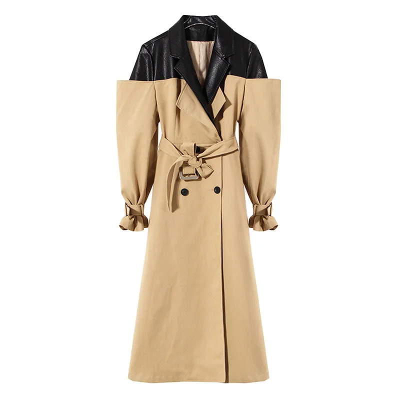 Limited Availability Deconstructed Hybrid Faux Leather Panel Lapel Collar Double Breasted Trench Coat Limited Availability Deconstructed Hybrid Faux Leather Panel Lapel Collar Double Breasted Trench Coat