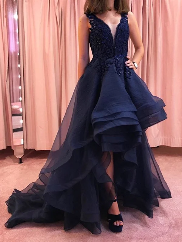 Super Sale High Low V Neck Lace Navy Blue Long Prom Dresses, V Neck High Low Lace Dark Blue Formal Dresses, High Low Navy Blue Lace Evening Dresses