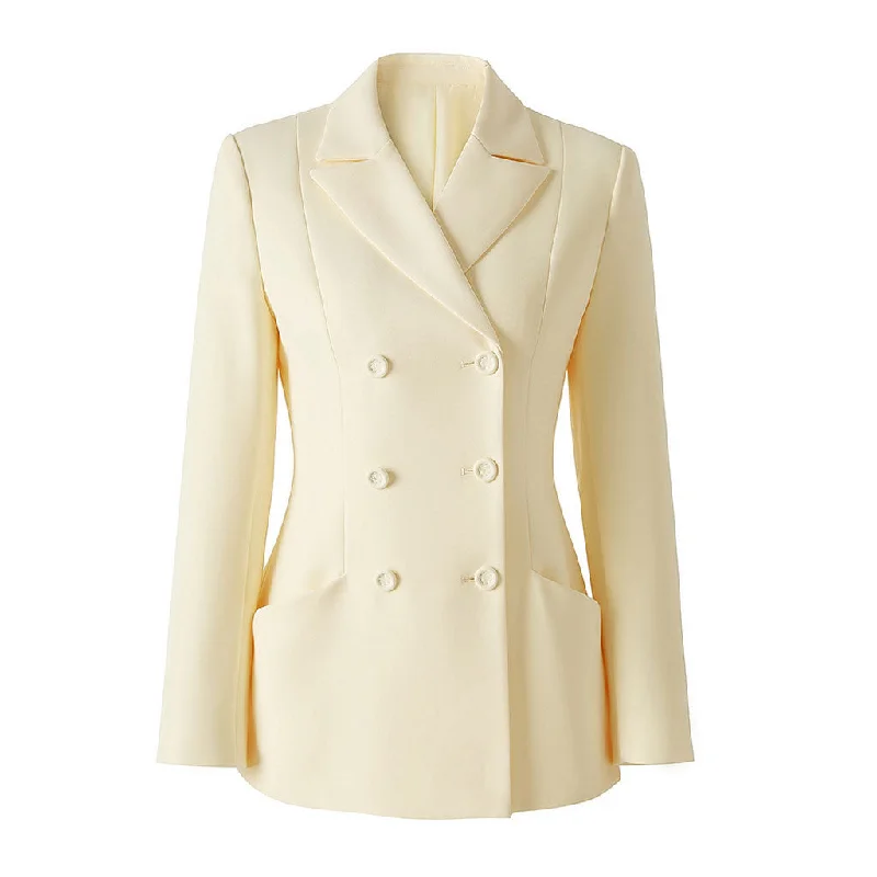 Customer Appreciation Sale Monochrome Lapel Collar Double Breasted 3D Pocket Cinch Waist Blazer