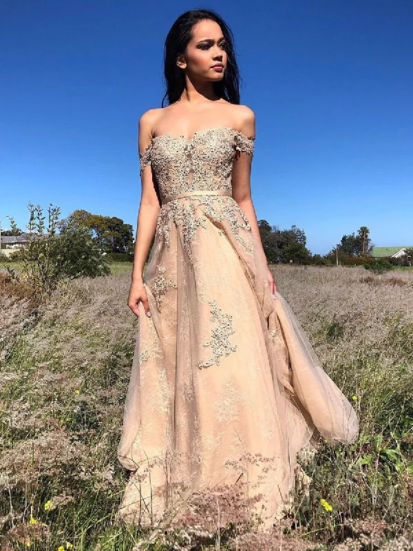 Special Price A Line Off Shoulder Lace Appliques Champagne Long Prom Dresses, Off Shoulder Lace Champagne Formal Dresses, Champagne Lace Evening Dresses Special Price A Line Off Shoulder Lace Appliques Champagne Long Prom Dresses, Off Shoulder Lace Champagne Formal Dresses, Champagne Lace Evening Dresses