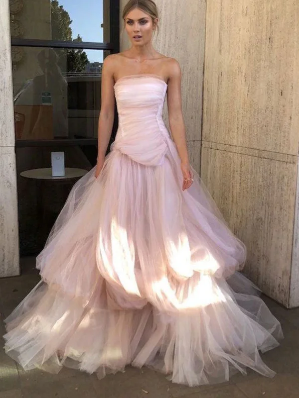 Discount Deals Gorgeous Strapless Layered Light Pink Tulle Long Prom Dresses, Light Pink Tulle Formal Graduation Evening Dresses SP2390