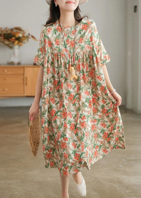 evening dressevening dressBohemian Khaki Oversized Print Cotton A Line Dresses Short Sleeve