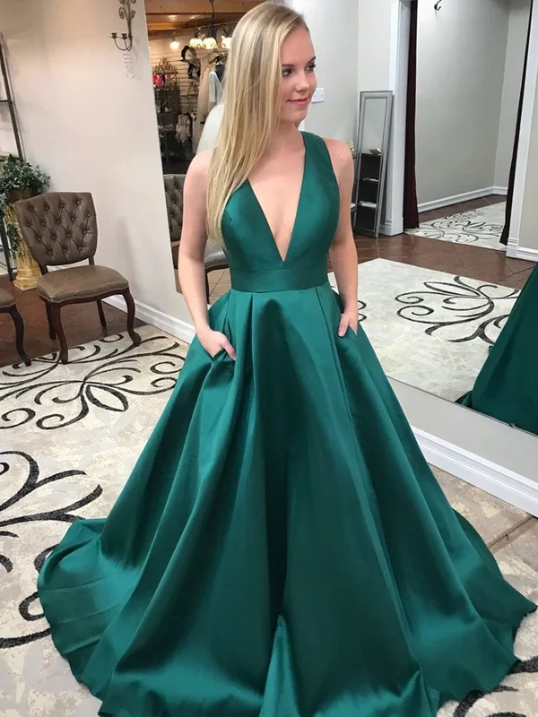 Instant Savings V Neck Open Back Green Satin Long Prom Dresses with Pocket, V Neck Green Formal Evening Dresses Instant Savings V Neck Open Back Green Satin Long Prom Dresses with Pocket, V Neck Green Formal Evening Dresses