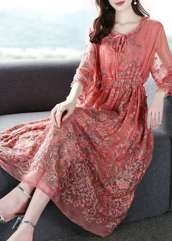 casual summer dresscasual summer dressStyle Pink O-Neck Cinched Embroideried Silk Maxi Dress Bracelet Sleeve