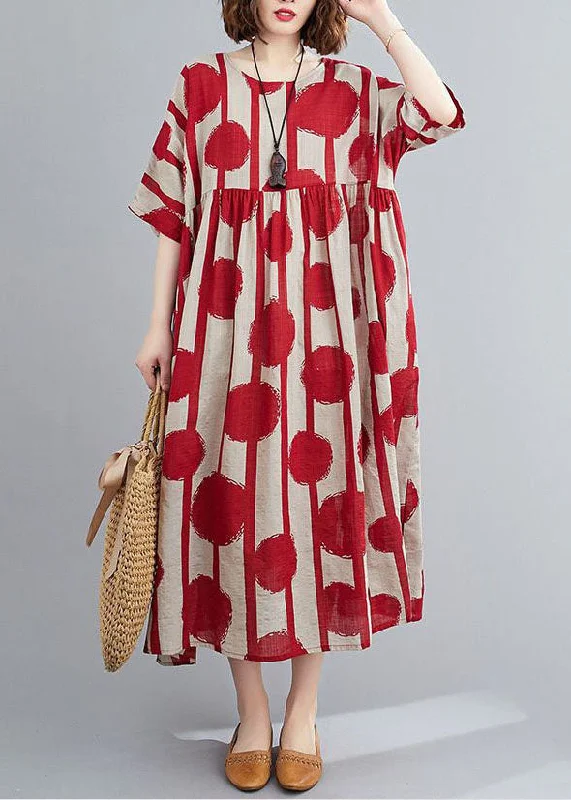 Online Only Plus Size Red Oversized Print Cotton Vacation Dress Summer