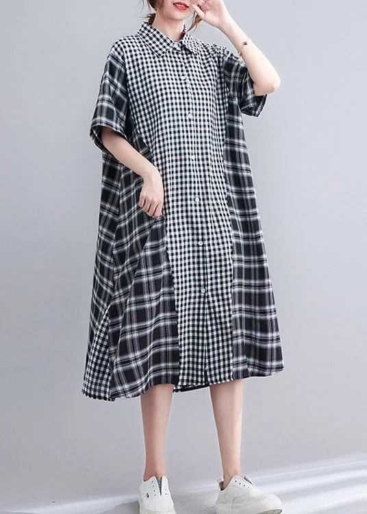 Act Now Loose Black Peter Pan Collar Plaid Patchwork Button Long Dress Summer