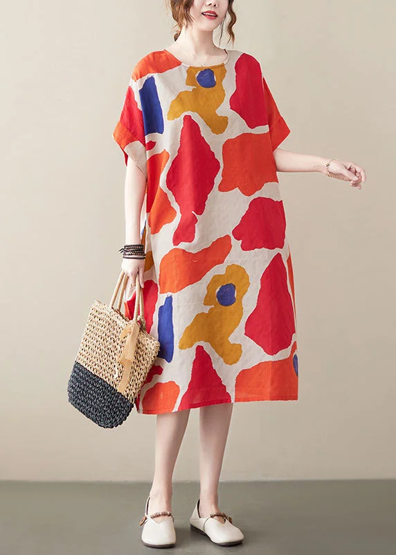 Today’s Deal Red Print Cotton Holiday Dresses O-Neck Short Sleeve