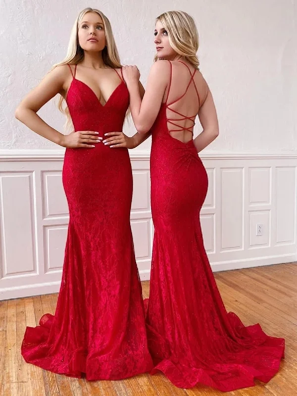 pleated dresspleated dressV Neck Mermaid Red Lace Long Prom Dresses, Mermaid Lace Red Formal Dresses, Red Lace Evening Dresses