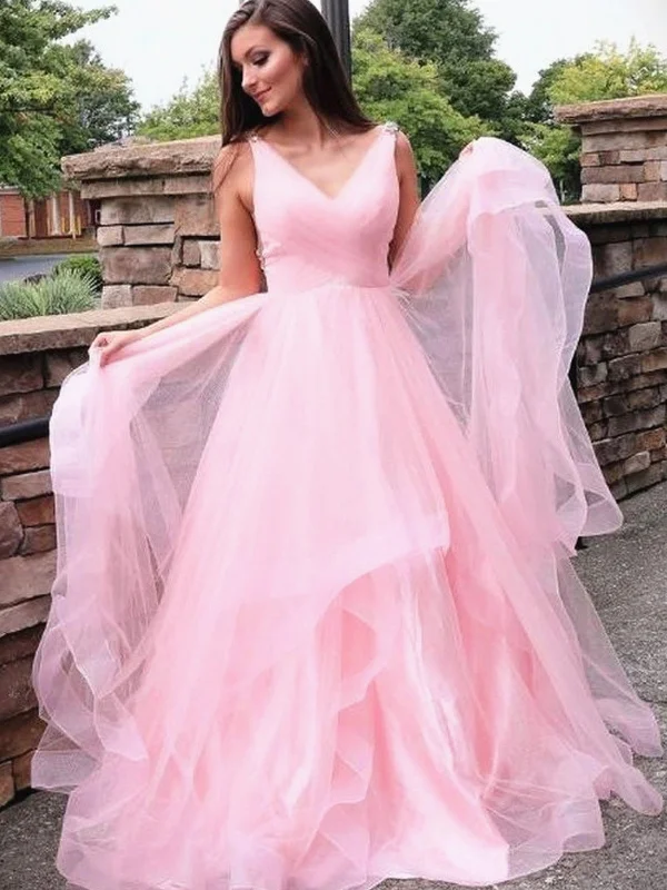 Seasonal Clearance A Line V Neck Pink Long Prom Dresses, V Neck Pink Formal Graduation Dresses