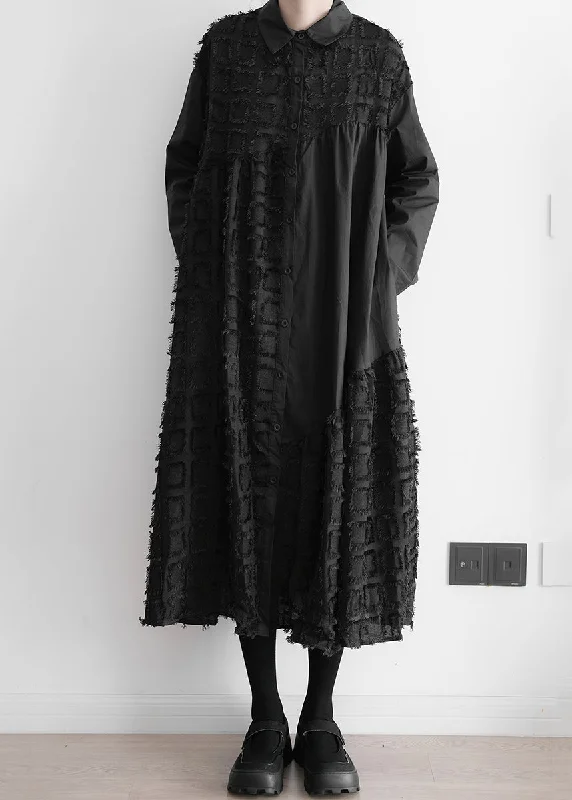 Major Savings Art Black Patchwork Wrinkled Maxi Shirts Dresses Long Sleeve