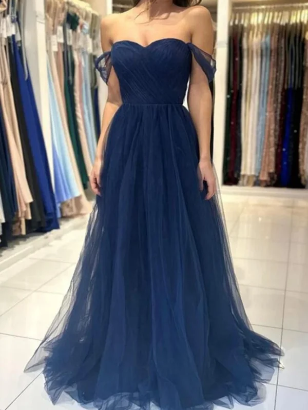 modern dressmodern dressOff Shoulder Navy Blue Tulle Long Prom Dresses, Navy Blue Formal Graduation Evening Dresses SP2885