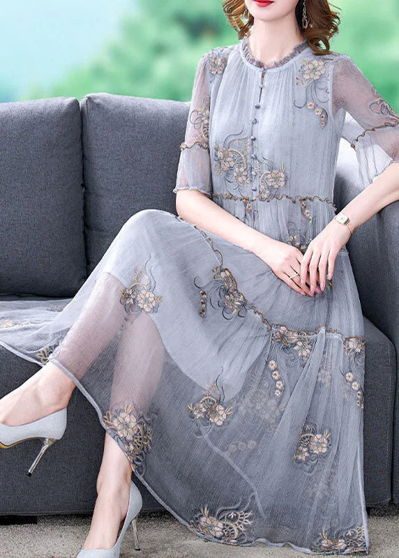 Flash Deals Fashion Grey Embroideried Ruffled Exra Large Hem Silk Holiday Dress Summer Flash Deals Fashion Grey Embroideried Ruffled Exra Large Hem Silk Holiday Dress Summer