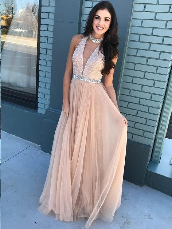 Incredible Offers Halter V Neck Backless Sequins Beading Champagne/Blue Prom Dresses, Champagne/Blue Backless Formal Dresses V Neck Evening Dresses