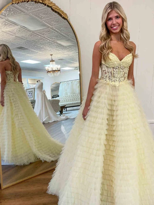 silk dresssilk dressStrapless Open Back Yellow Lace Long Prom Dresses, Yellow Lace Formal Evening Dresses, Yellow Ball Gown SP2843