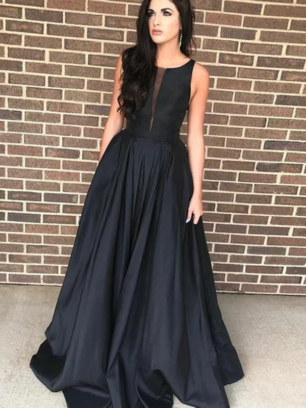 Deep Discounts Elegant A Line Satin Black Prom Dresses, Black Formal Dresses, Black Evening Dresses