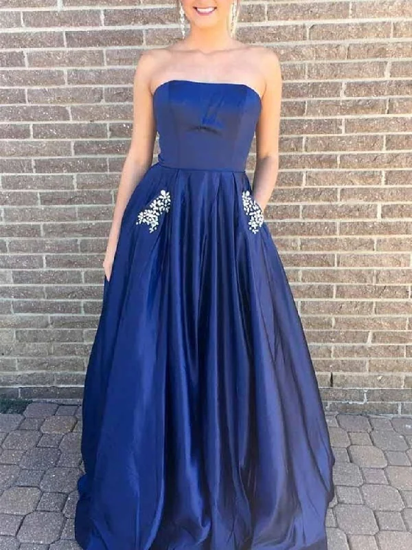Online Exclusive A-Line Strapless Blue Prom Dress with Beading Pockets, Green Formal Dress, Blue Evening Dress Online Exclusive A-Line Strapless Blue Prom Dress with Beading Pockets, Green Formal Dress, Blue Evening Dress