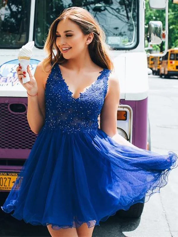 Price Smash Cute V Neck Open Back Lace Beading Royal Blue Short Prom Dresses Homecoming Dresses, Royal Blue Lace Formal Dresses, Evening Dresses 2019