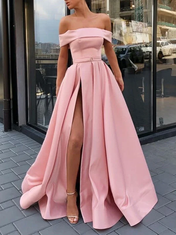 Last Chance Pink Off Shoulder Satin Long Prom Dresses With High Slit, Pink Formal Dresses, Evening Dresses Last Chance Pink Off Shoulder Satin Long Prom Dresses With High Slit, Pink Formal Dresses, Evening Dresses