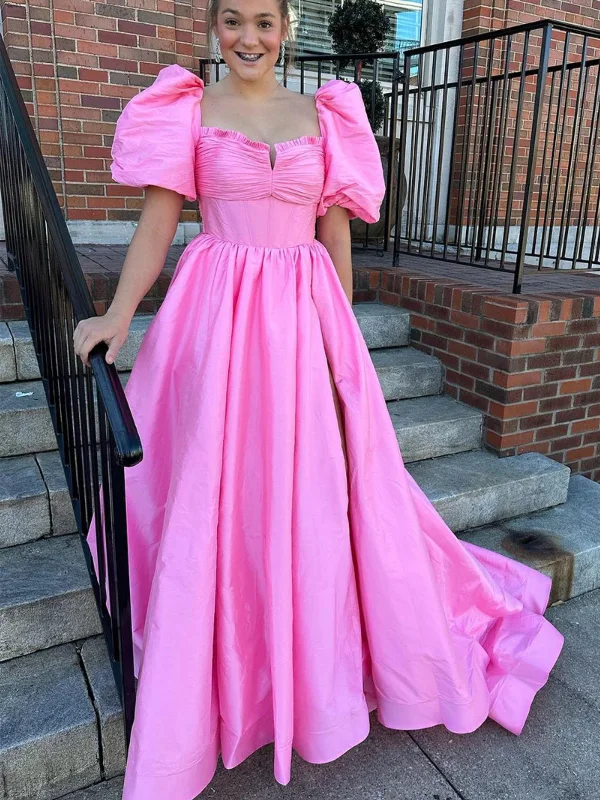 trendy mini dresstrendy mini dressOpen Back Puff Sleeves Pink Satin Long Prom Dresses, Long Pink Formal Graduation Evening Dresses SP2827