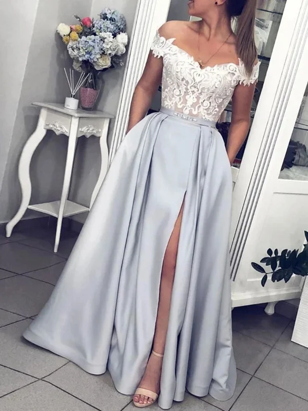 One-DAY Sale Off the Shoulder Gray Lace Long Prom Dresses, Gray Off Shoulder Lace Formal Evening Dresses One-DAY Sale Off the Shoulder Gray Lace Long Prom Dresses, Gray Off Shoulder Lace Formal Evening Dresses