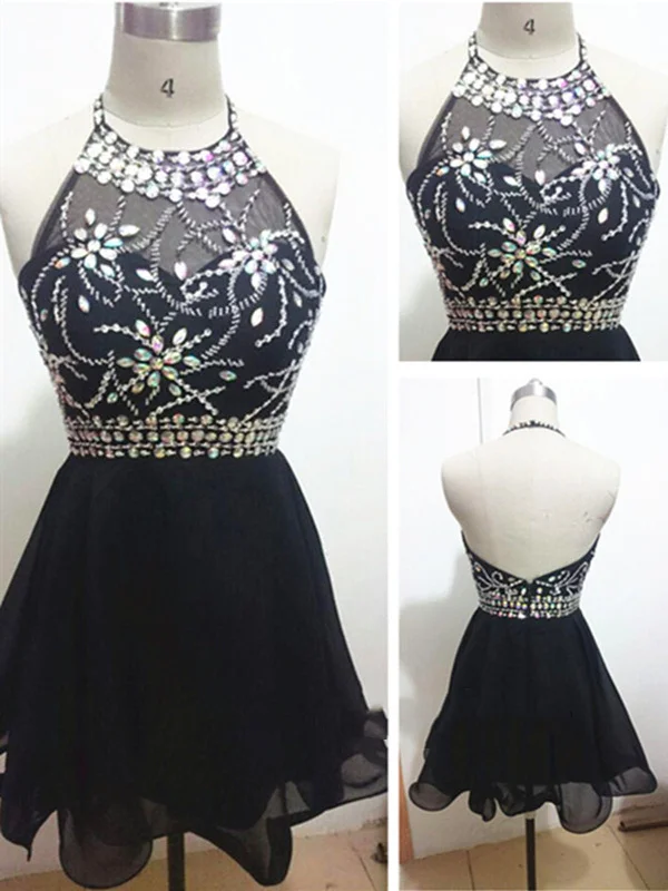 Weekend Deal A Line Round Neck Backless Short Prom Dresses, Black Backless Homecoming Dresses, Short Black Backless Graduation Dress