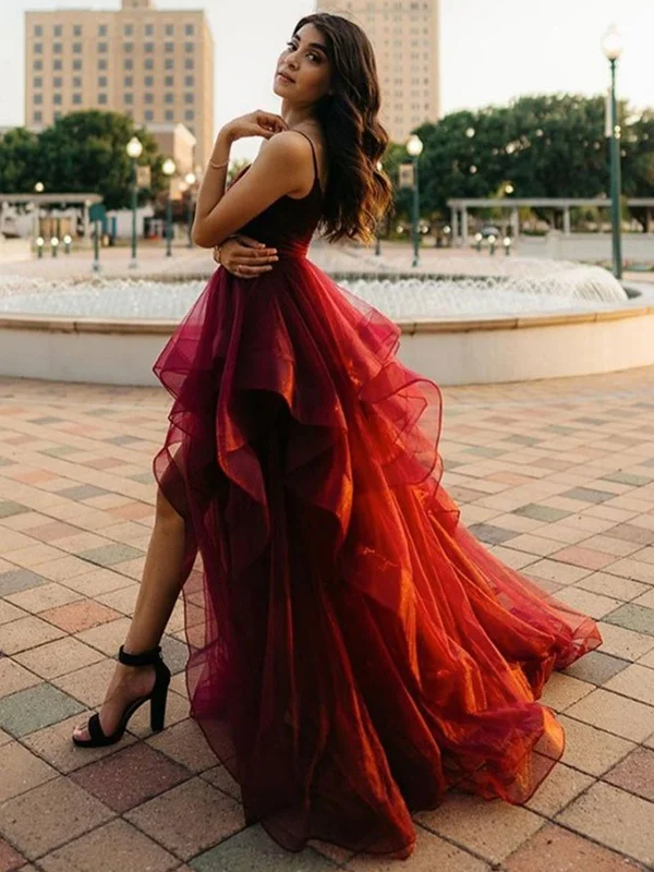Clearance Event Pretty High Low Burgundy Long Prom Dresses, Wine Red High Low Formal Dresses, Fluffy Burgundy Evening Dresses Clearance Event Pretty High Low Burgundy Long Prom Dresses, Wine Red High Low Formal Dresses, Fluffy Burgundy Evening Dresses
