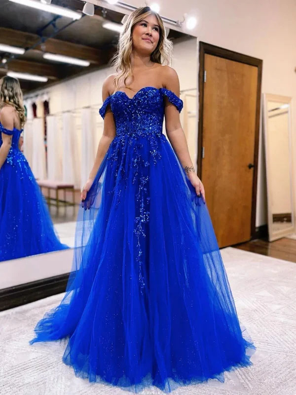 layered dresslayered dressShiny Off Shoulder Blue Lace Sequins Long Prom Dresses, Off the Shoulder Blue Formal Dresses, Blue Lace Evening Dresses SP2553