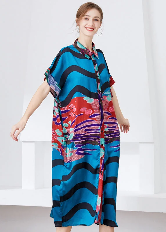 Crazy Deals Unique Blue Oversized Print Chiffon Shirt Dress Summer