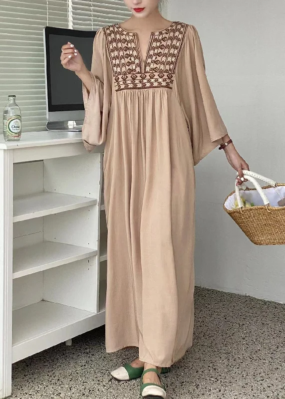 one-shoulder dressone-shoulder dressSimple Khaki Embroideried Oversized Cotton Vacation Dresses Batwing Sleeve