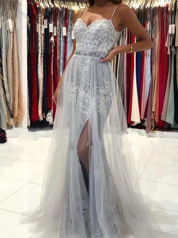 bohemian dressbohemian dressElegant Mermaid Gray Lace Long Prom Dresses with High Slit, Gray Lace Formal Dresses, Mermaid Grey Evening Dresses SP2267