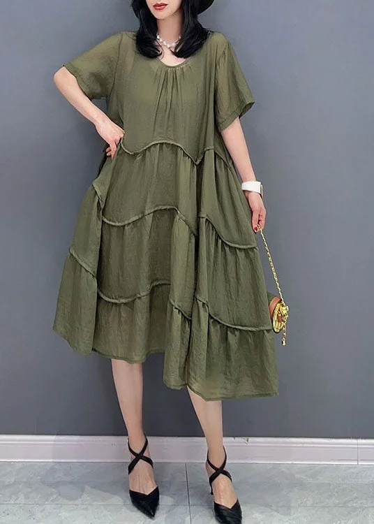 trendy wrap dresstrendy wrap dressGreen Patchwork Cotton 2 Piece Outfit Dress O-Neck Wrinkled Summer