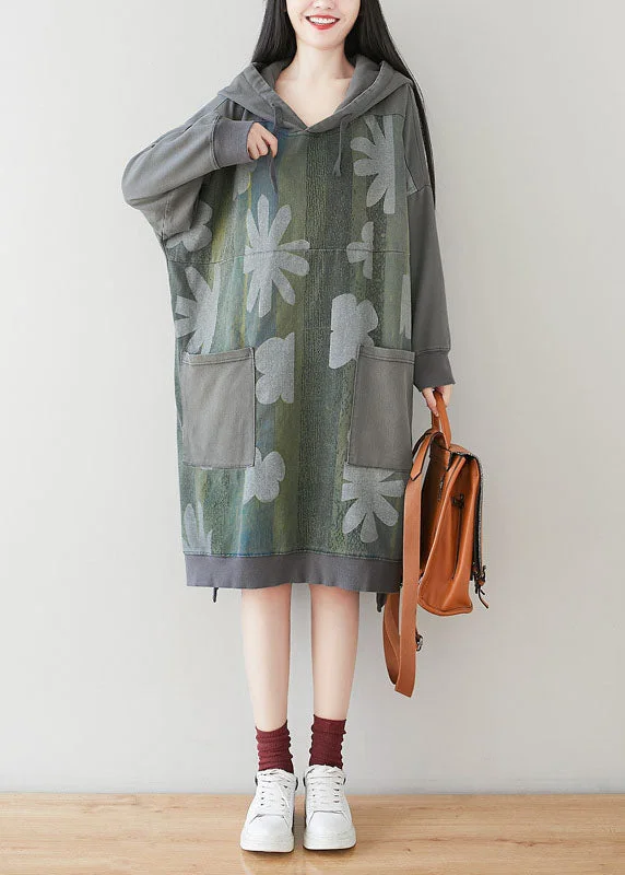 ruched dressruched dressCasual Grey Hooded Patchwork Print Cotton Dress Batwing Sleeve