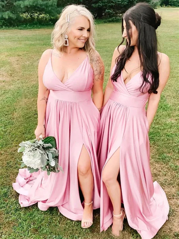 Incredible Offers A Line V Neck Pink Long Prom Dresses with High Slit, V Neck Pink Formal Graduation Bridesmaid Dresses, Pink Evening Dresses SP2367 Incredible Offers A Line V Neck Pink Long Prom Dresses with High Slit, V Neck Pink Formal Graduation Bridesmaid Dresses, Pink Evening Dresses SP2367