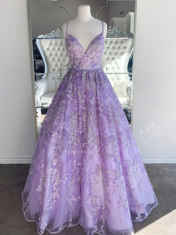 Reduced Prices Gorgeous V Neck Backless Beaded Purple Lace Long Prom Dresses, Lilac Lace Formal Dresses, Purple Evening Dresses