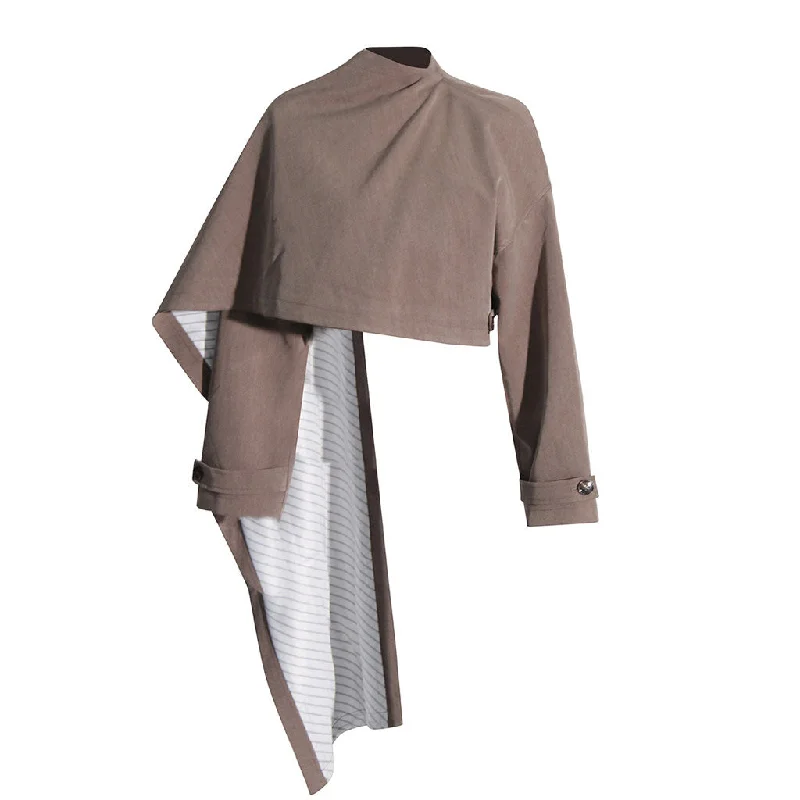 Best Bargains Asymmetric Wrapped Cape Mock Neck Drop Shoulder Oversized Crop Coat