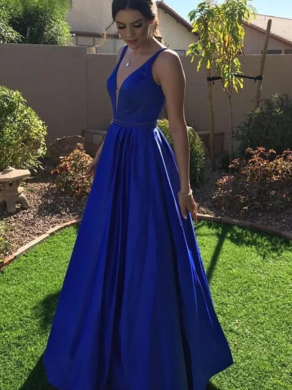 Loyalty Reward A Line V Neck Royal Blue Satin Long Prom Dresses, Long Royal Blue Formal Graduation Evening Dresses SP2133