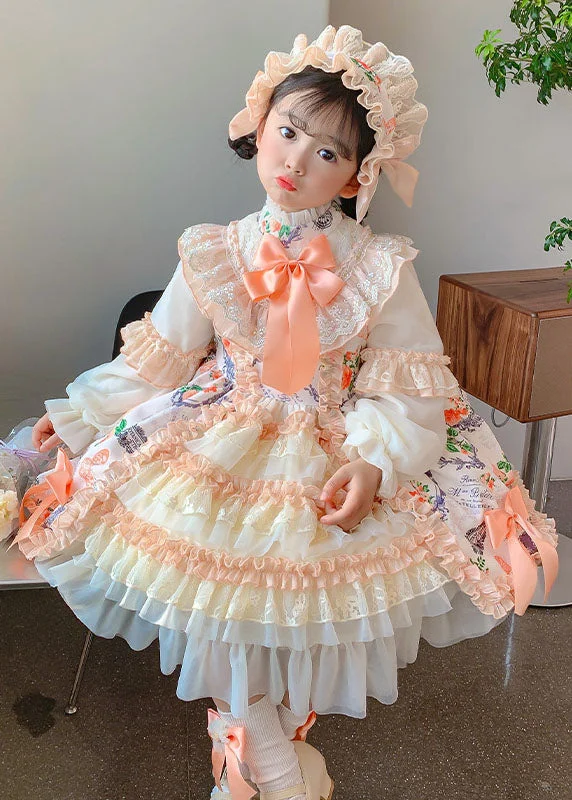 Seasonal Sale Handmade Orange Stand Collar Print Lace Patchwork Girls Long Dresses Fall Seasonal Sale Handmade Orange Stand Collar Print Lace Patchwork Girls Long Dresses Fall