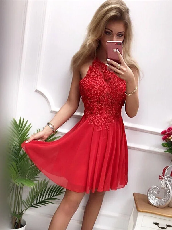 Huge Savings Short Gray/Red Lace Prom Dresses, Short High Neck Gray/Red Lace Formal Homecoming Dresses