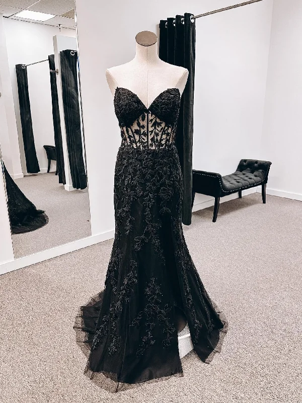 fitted bodycon dressfitted bodycon dressStrapless Mermaid Black Lace Long Prom Dresses with High Slit, Black Lace Formal Dresses, Black Evening Dresses SP2683