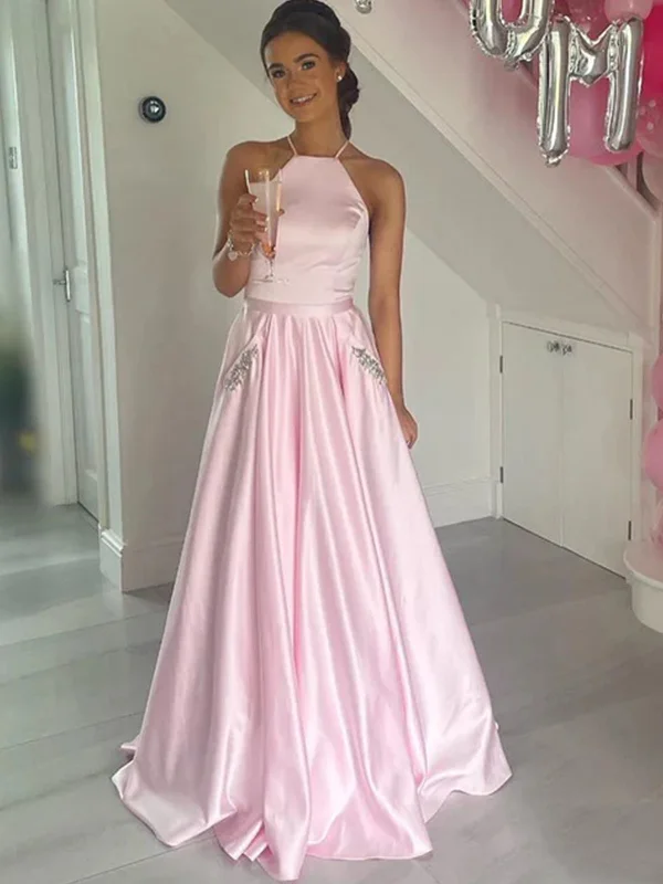 Today’s Special A Line Backless Pink Satin Long Prom Dresses with Pocket, Long Pink Formal Graduation Evening Dresses SP2420