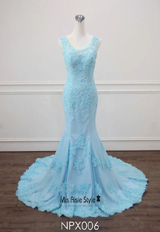 wrap-around dresswrap-around dressFitted Light Blue Lace Evening Dress