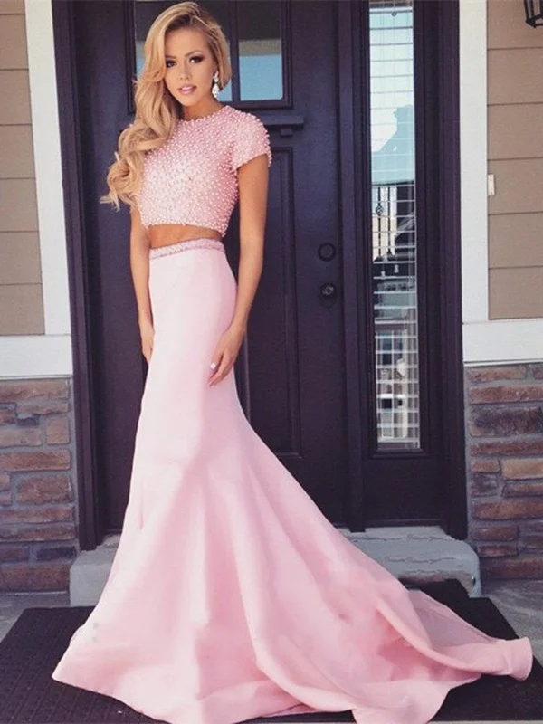 puff sleeve dresspuff sleeve dressTwo Pieces Pearl Beaded Short Sleeves Pink Prom Dresses, Mermaid Pink Formal Dresses