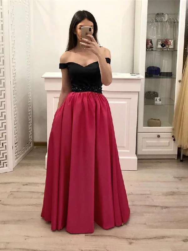 Can't Miss Off Shoulder Hot Pink Satin Black Top Long Prom Dresses with Pockets, Off Shoulder Formal Dresses Graduation Dresses Evening Dresses