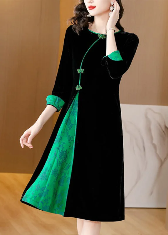 Bonus Savings Style Black O-Neck Print Patchwork Button Silk Velour Maxi Dresses Fall Bonus Savings Style Black O-Neck Print Patchwork Button Silk Velour Maxi Dresses Fall