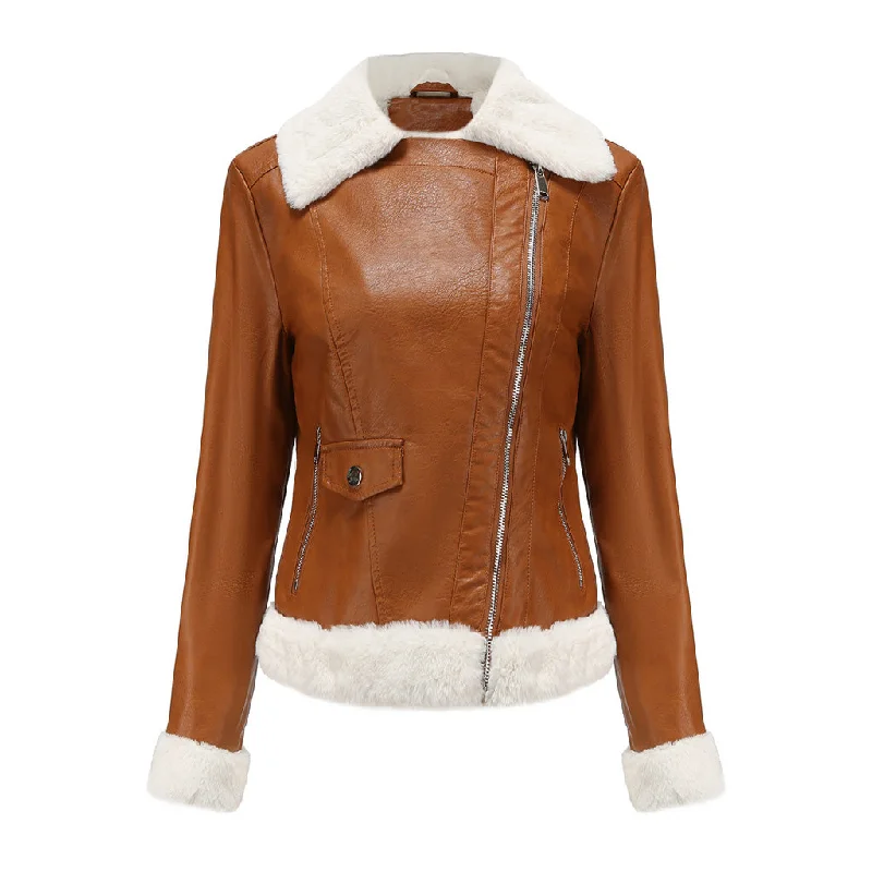 Instant Discount Contrast Faux Fur Lined Collared Long Sleeve Zip Up Vegan Leather Jacket Instant Discount Contrast Faux Fur Lined Collared Long Sleeve Zip Up Vegan Leather Jacket