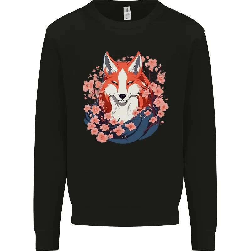 trendy sports sweatshirtA Japanese Kitsune With Flowers Fox Mens Sweatshirt Jumper